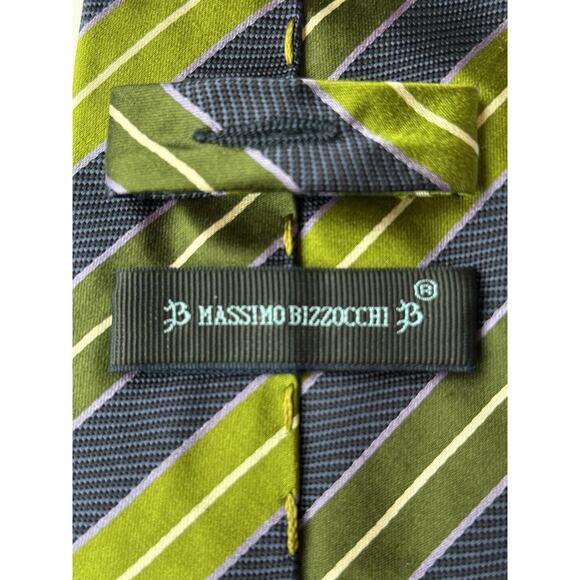 MASSIMO BIZZOCCHI Men's 100% Silk Necktie Designer Green Blue Stripe Italy Made - Picture 7 of 10
